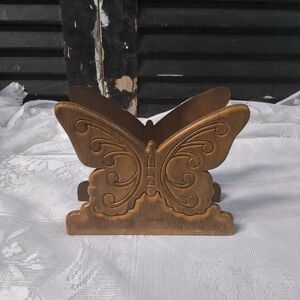 Butterfly Wood Napkin Holder - Gold Tone